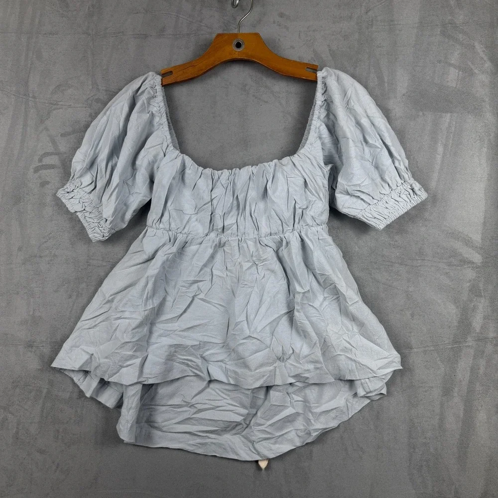 Free People Pearl Blue Puff Sleeve Open Back Babydoll Top OB2007545 XS NEW